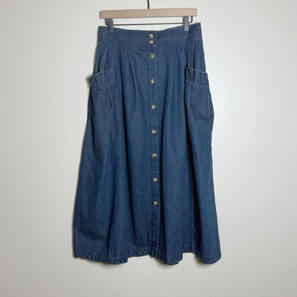 Outback Red VTG Denim Midi Skirt Button Front Pocket Blue Cotton 14 Western 90s